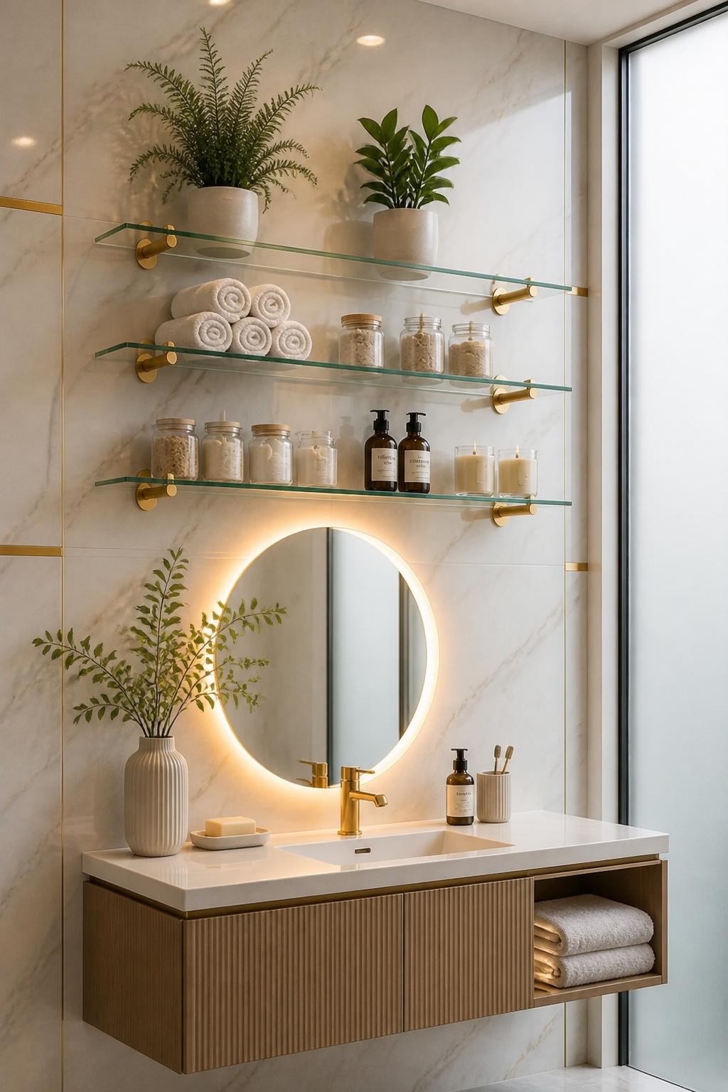 A striking marble-clad bathroom with three floating glass shelves supported by gleaming gold hardware, curated with rolled towels, glass jar.