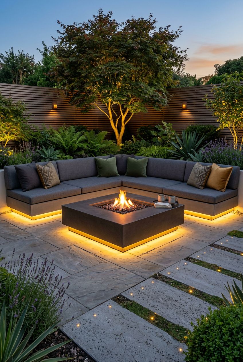 A vibrant backyard corner is transformed into an intimate glowing oasis with a sleek, square fire pit encircled by a modern corner sectional.