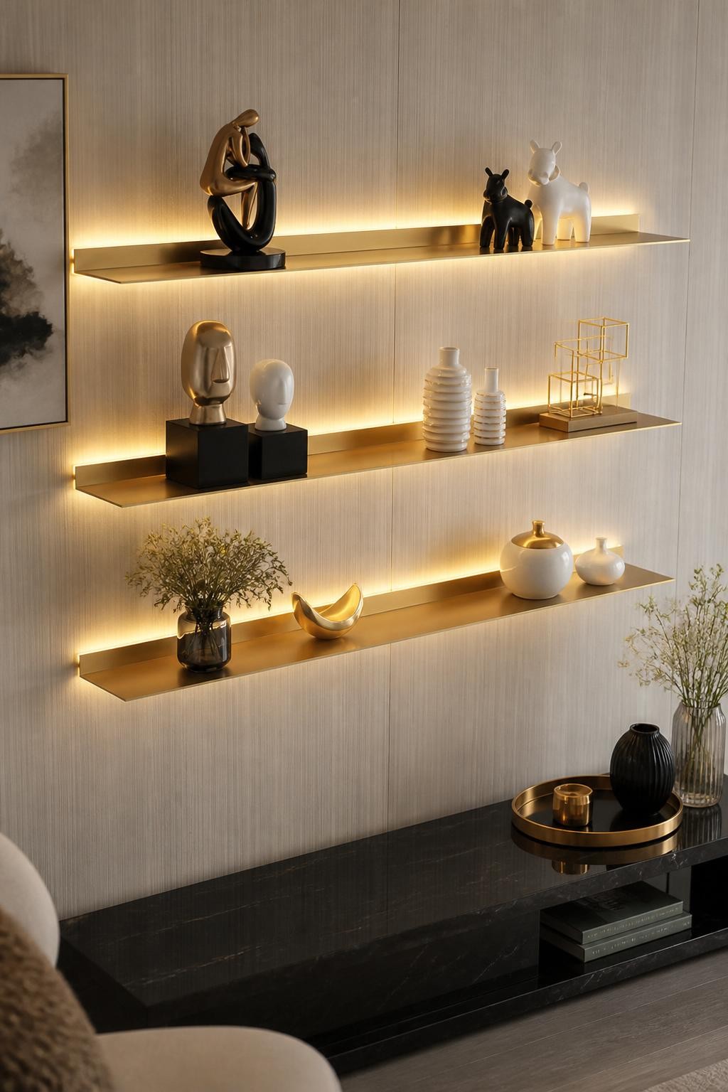 Capture a chic gallery wall with gold metallic floating shelves set against subtle cream-striped wallpaper.