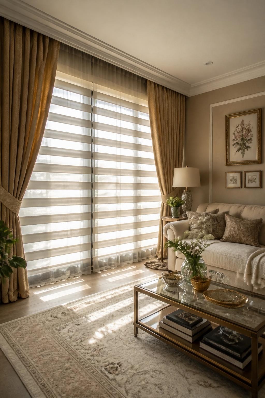 In this sophisticated lounge, golden blackout drapes frame oversized windows dressed with subtly striped beige and sheer zebra blinds.
