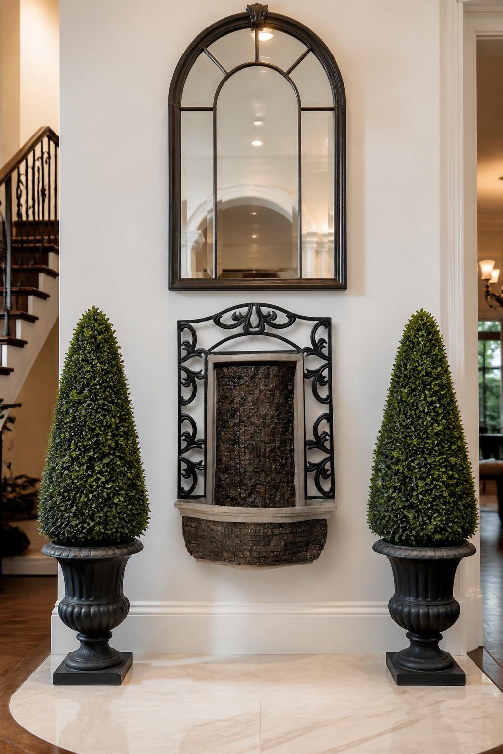 Use the uploaded XBrand 30" Wall Mounted Waterfall Fountain exactly as the reference product, preserving the black iron frame, vertical wate.