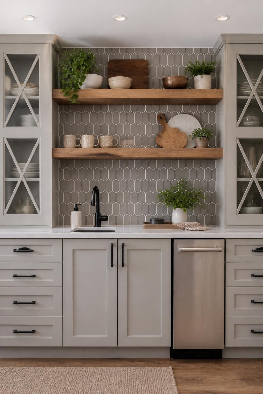 A transitional kitchen scene with dove gray cabinetry and striking honeycomb pattern backsplash in light and dark gray tones.