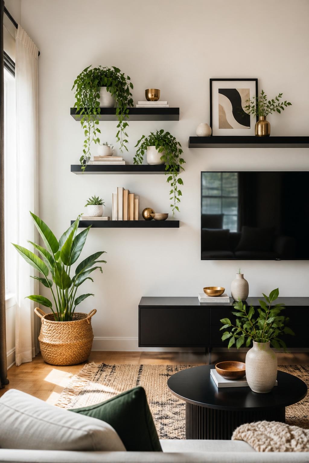 Vibrant greenery pops against three staggered matte black floating shelves in a bright, modern living room, accented with gold and white cer.