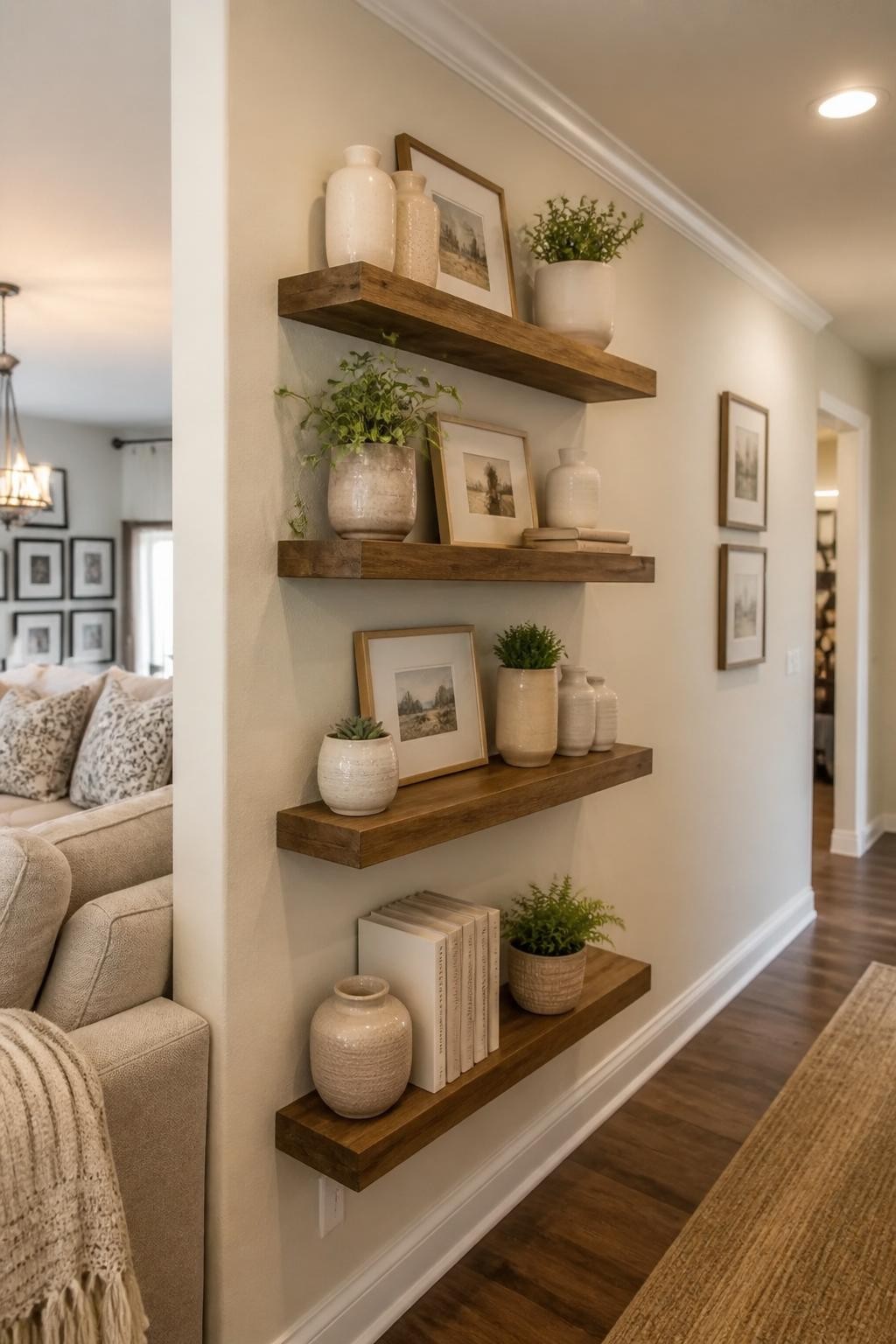 Show a cozy hallway alcove transformed with sturdy reclaimed wood floating shelves, styled with a cohesive arrangement of white ceramics, sm.