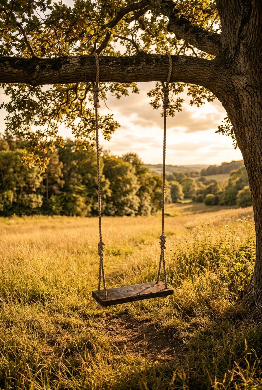 Illustrate a handcrafted, dark-stained wooden tree swing suspended from thick, natural ropes over an expanse of golden grass with wild green.