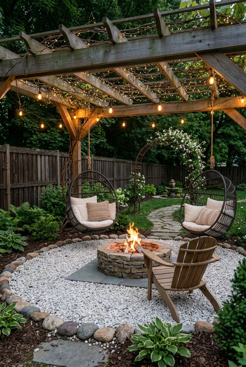 A magical pergola oasis with a compact stone fire pit on a bed of white gravel, surrounded by a border of rounded river stones.