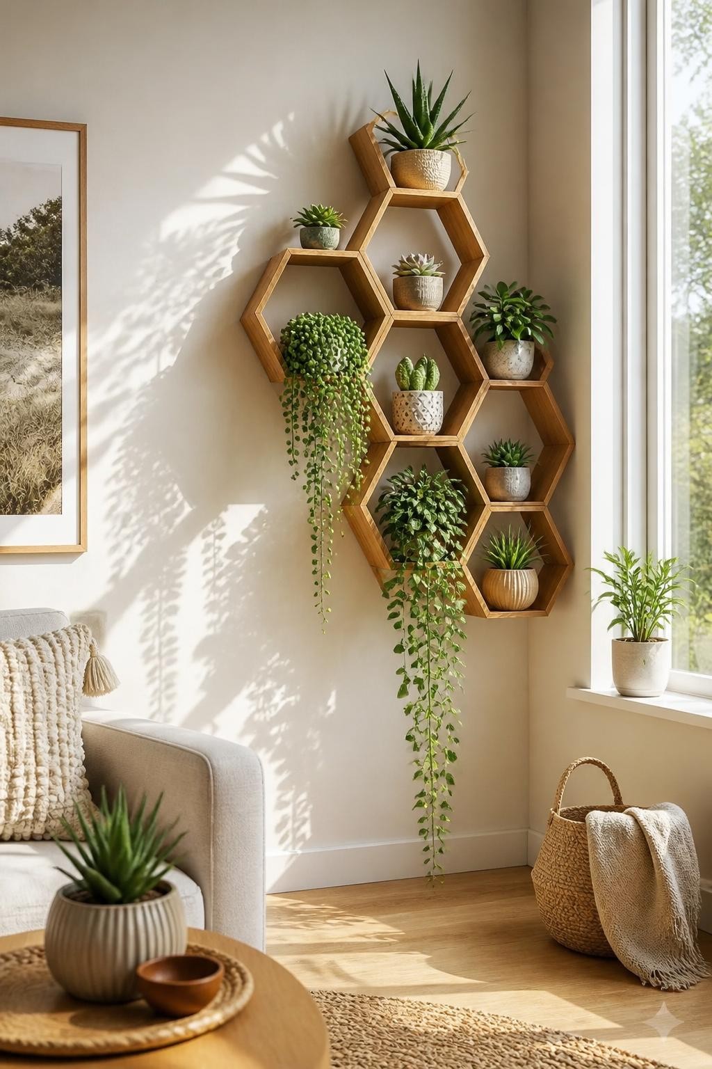 Present a sunlit corner with honey-toned hexagonal floating shelves arranged in a honeycomb pattern, each holding lush succulents and traili.