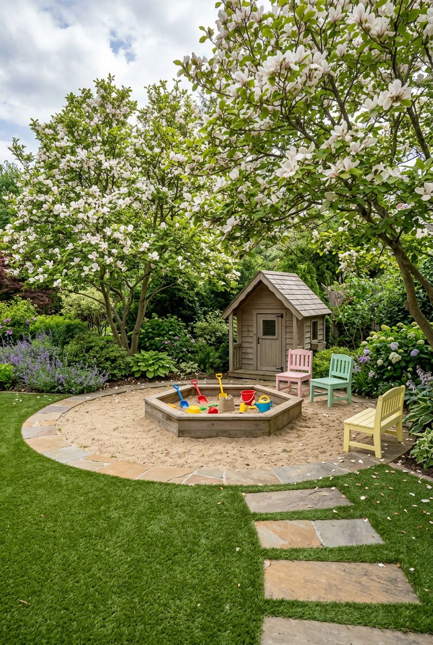 An enchanting, hexagonal sandbox set in a circular bed of sand, bordered by elegant stone pavers and surrounded by lush artificial turf.