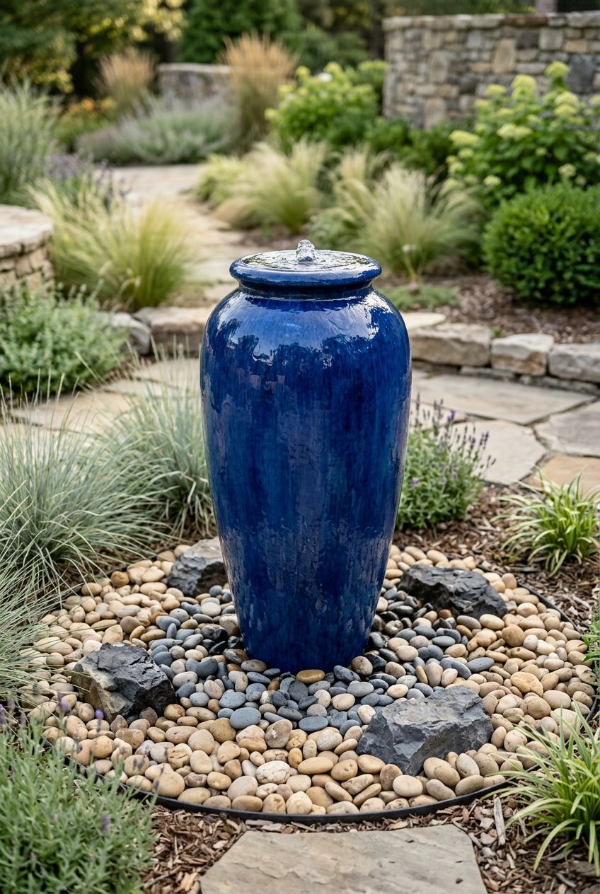 Showcase a tall glazed ceramic urn fountain positioned above a hidden underground reservoir covered by decorative stone.