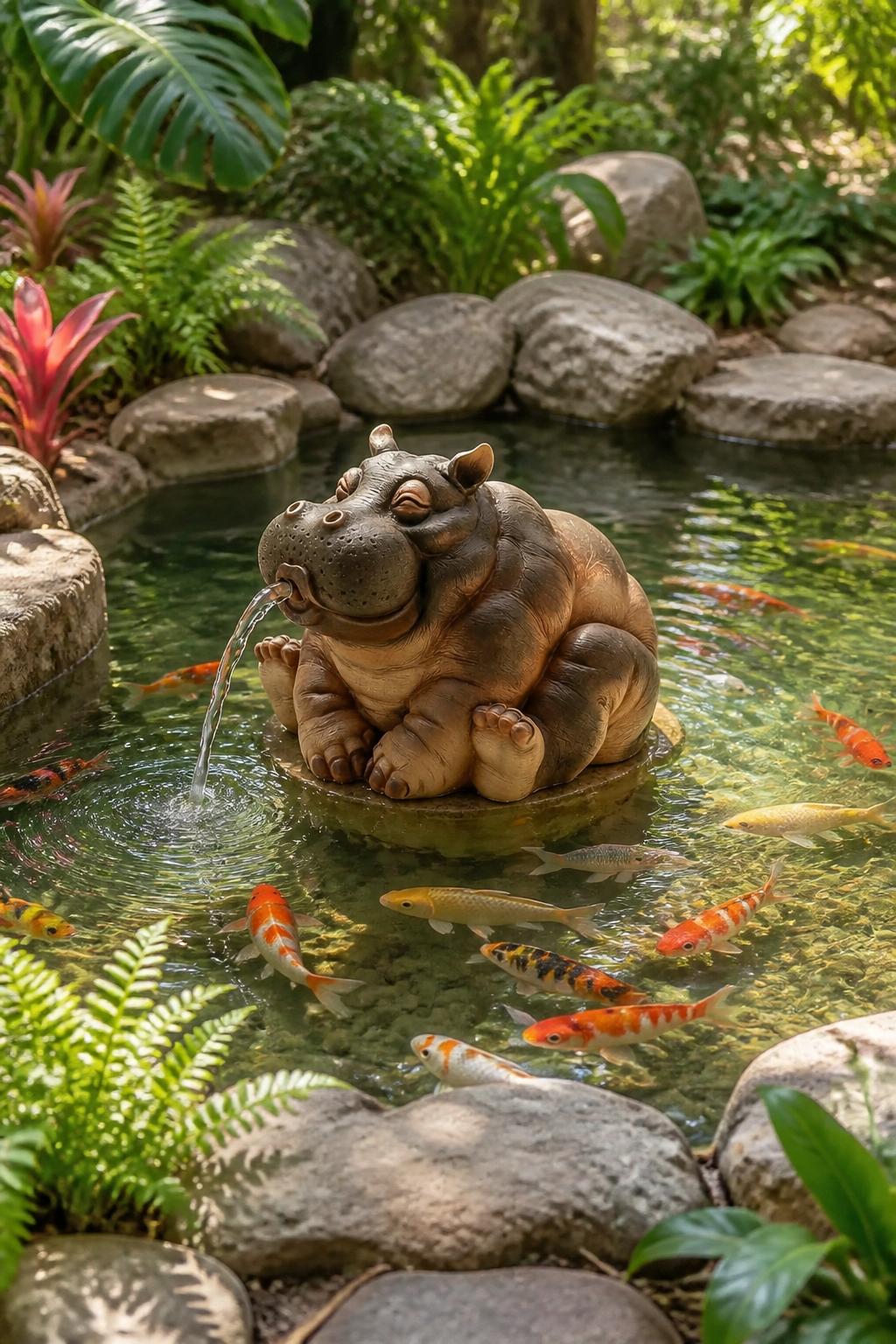 Use the uploaded Hippo Water Spitter Statue exactly as the reference product, preserving its cheerful hippo design, rounded body, and water.