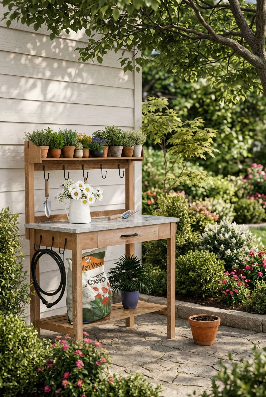 Use the uploaded HOLTICO Outdoor Potting Bench Table exactly as the reference product, preserving its two-tiered wooden design with a shelf.