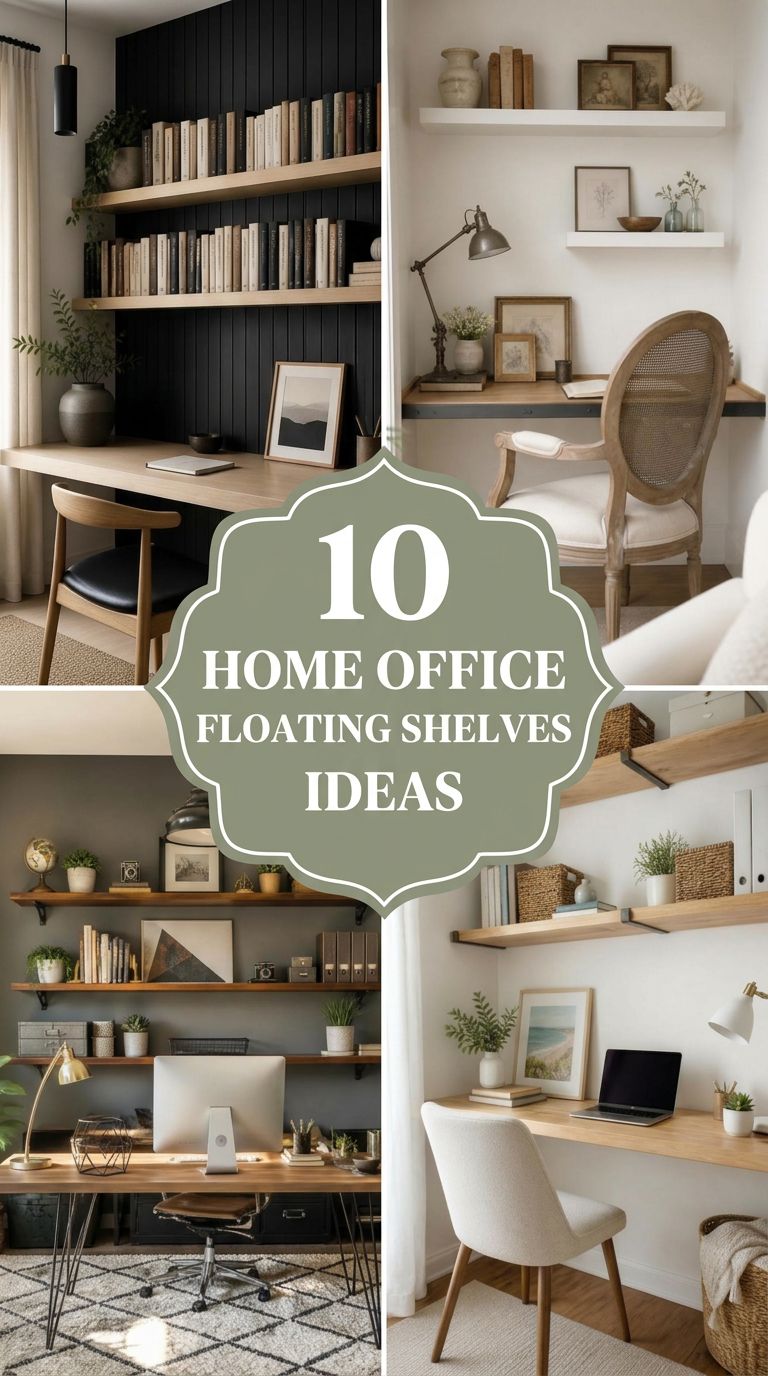 Pinterest banner for 10 Home Office Floating Shelves Ideas to Stay Organized
