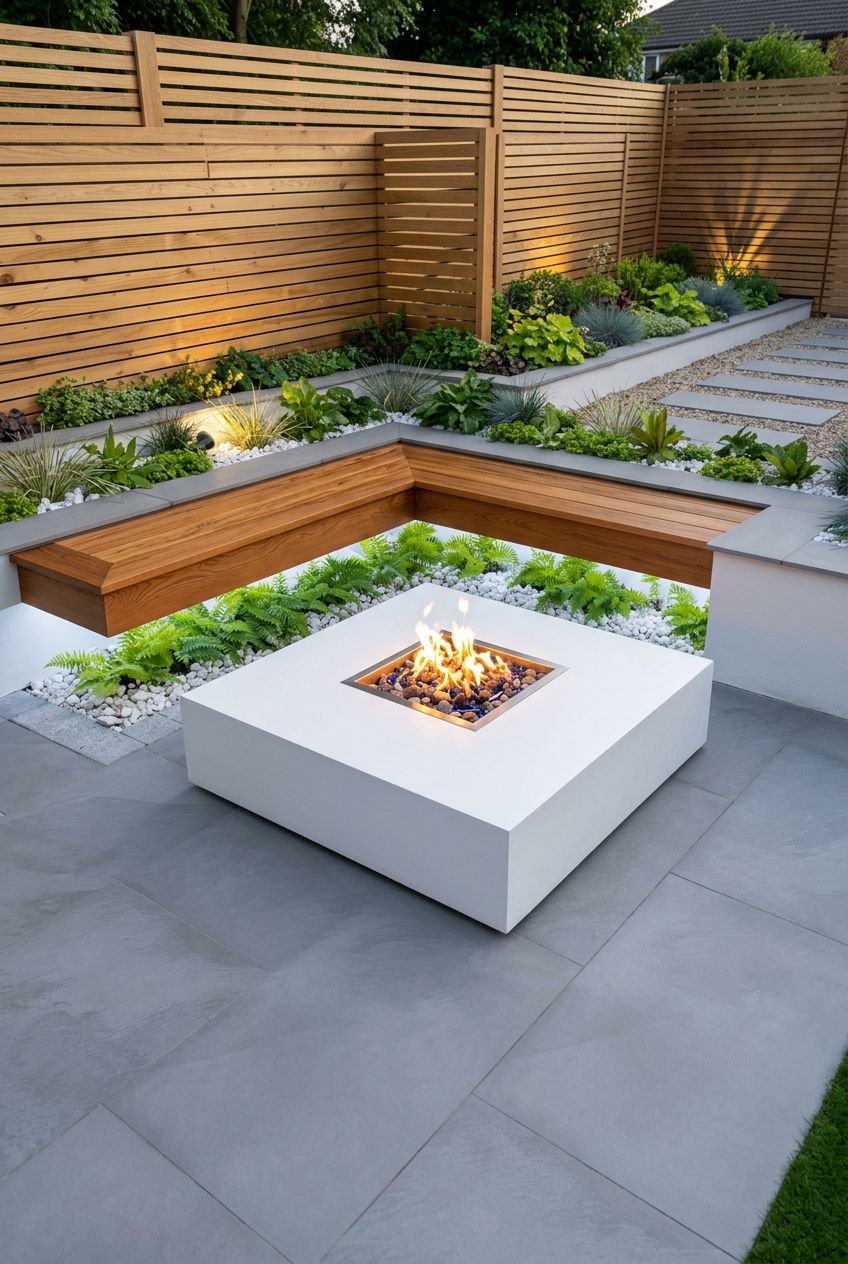 Present a cutting-edge backyard seating corner where integrated L-shaped wooden benches hover above LED-lit planters bursting with ferns and.