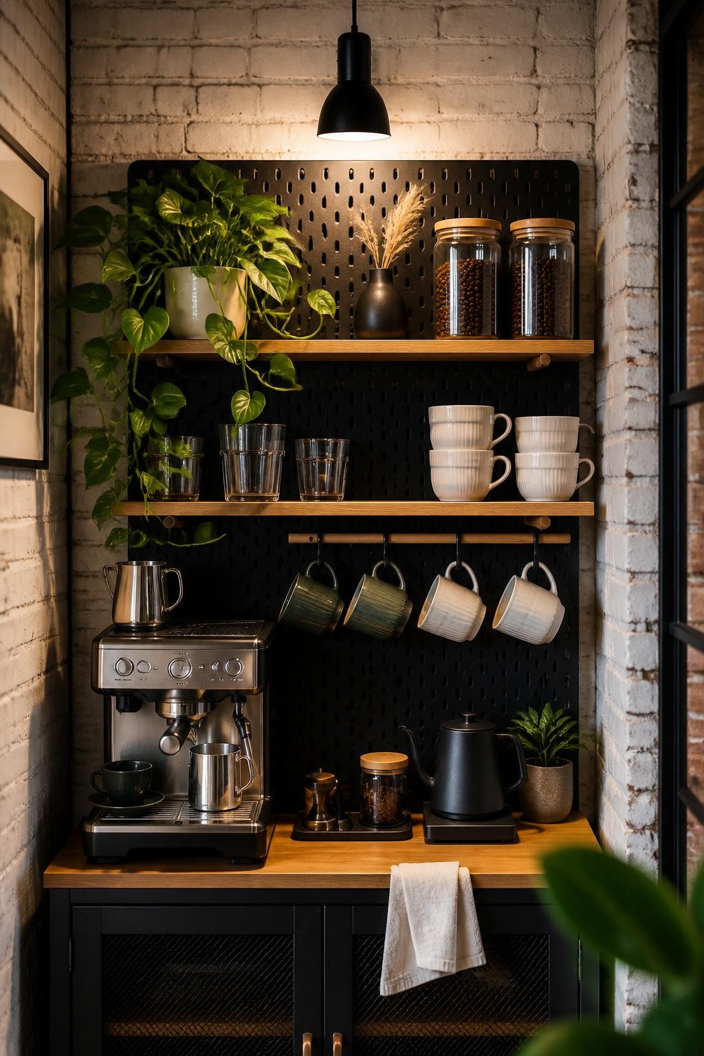 Cozy industrial coffee station nook where sleek floating wooden shelves mount against whitewashed exposed brick, backed by a matte black peg.
