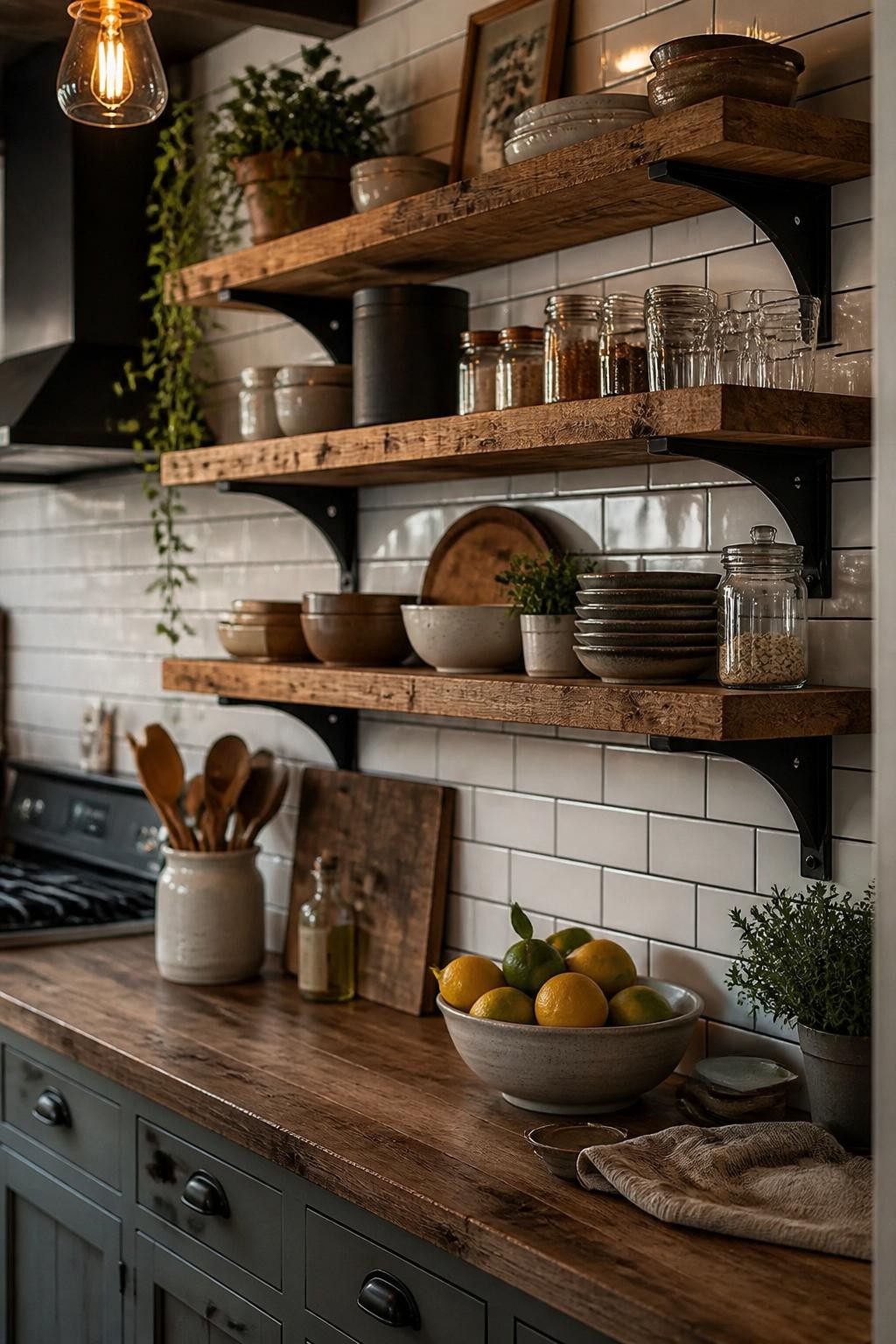 A kitchen wall with robust wood floating shelves supported by bold black iron brackets sets an industrial farmhouse tone.