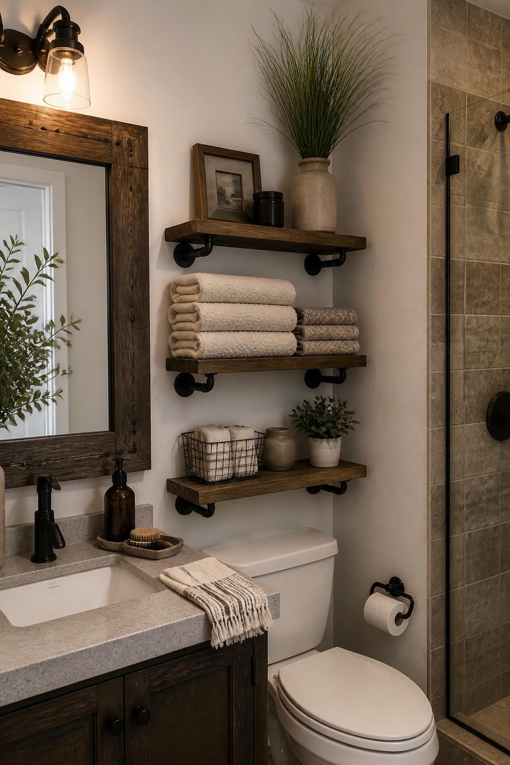 Industrial-farmhouse themed bathroom with deep wood floating shelves fixed by bold black pipe brackets above the toilet, accented with stack.