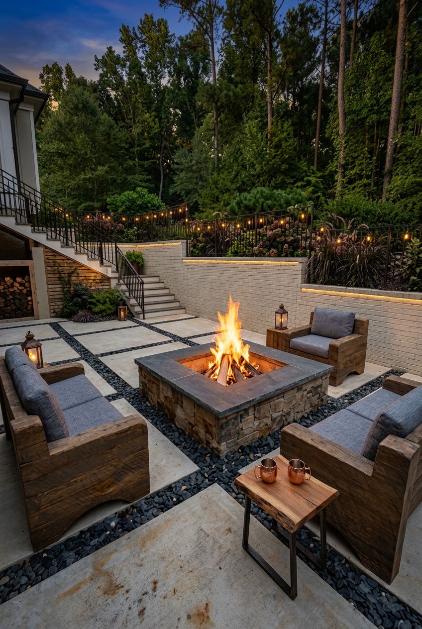 This multi-tiered courtyard features a robust square fire pit clad in stacked stone, offering a rugged, earthy centerpiece.