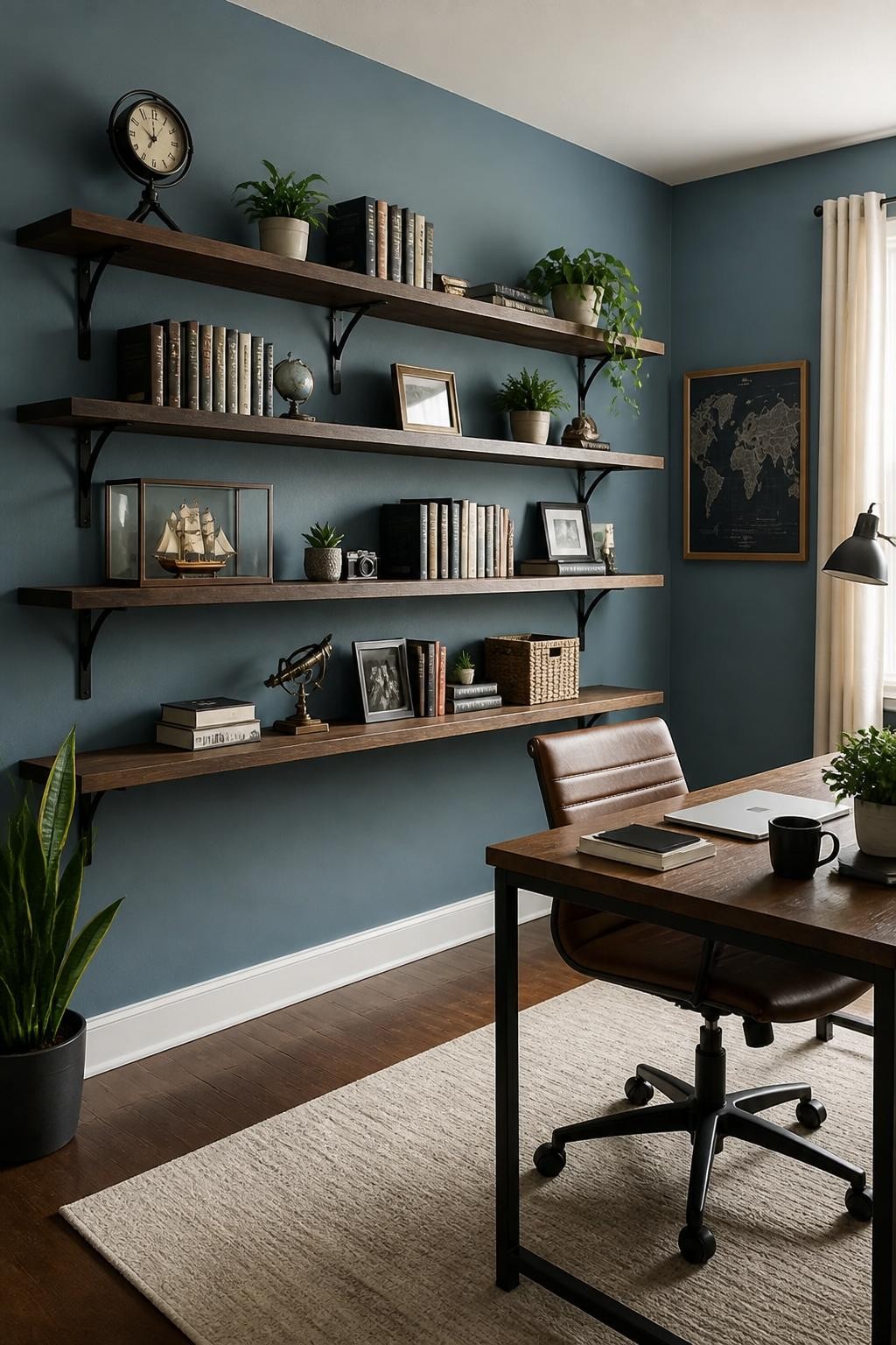 An industrial-inspired home office where four long floating shelves are mounted against a muted blue wall, complete with bold black metal br.