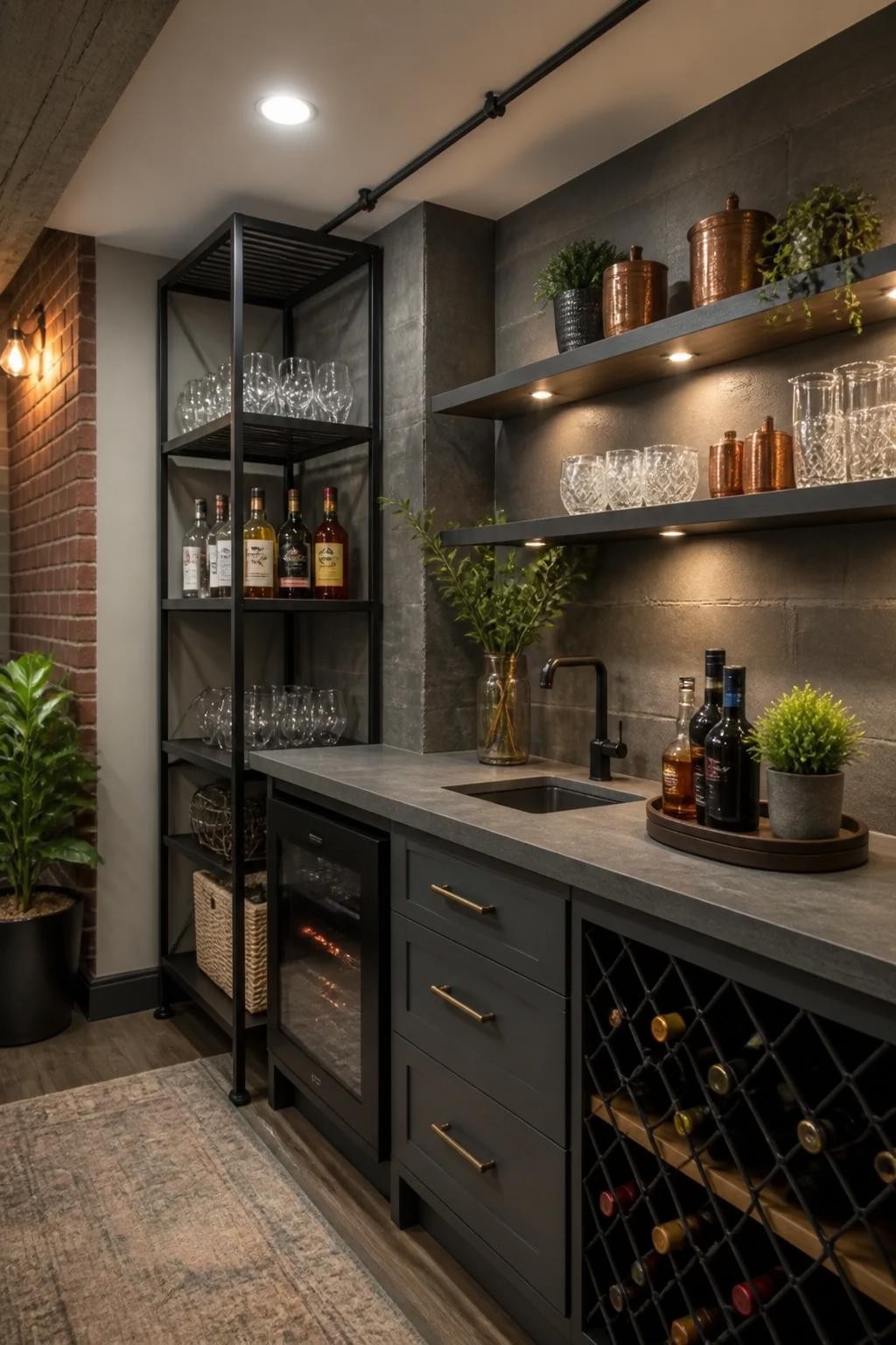 This industrial wet bar exudes urban sophistication with exposed concrete block walls, faux-metal floating shelves with integrated lighting.