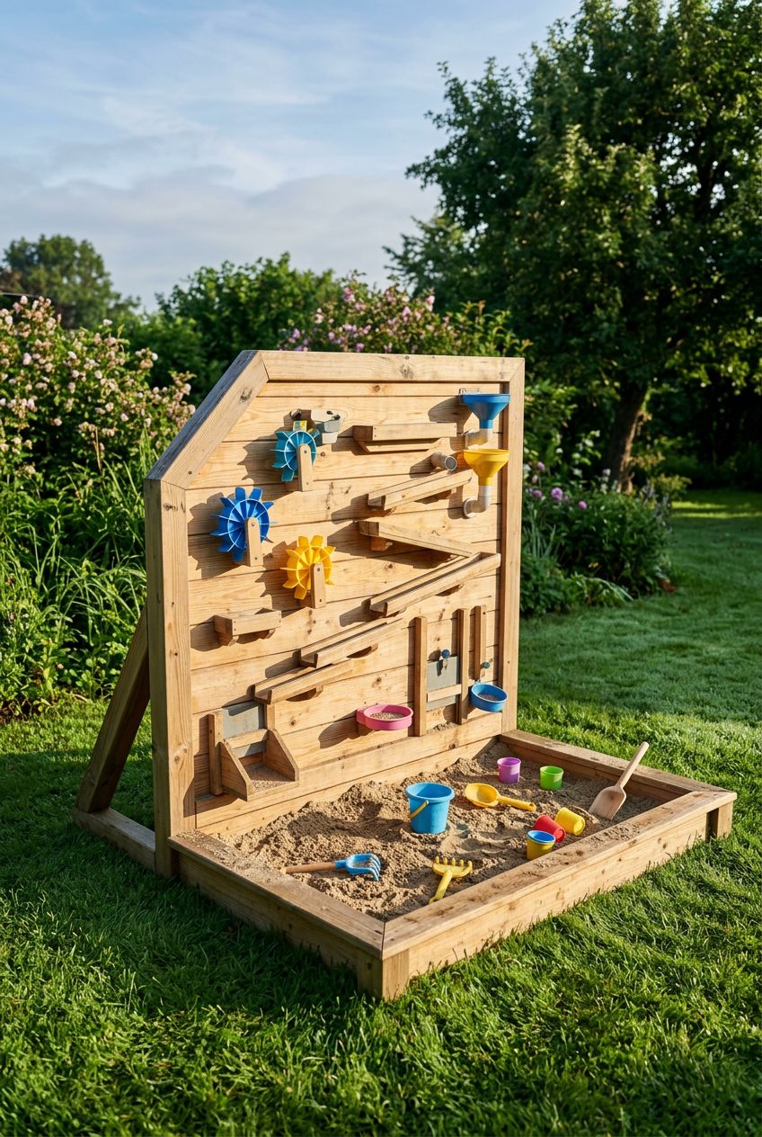 An innovative, interactive sand play station featuring a wooden angled wall as a backdrop, fitted with creative STEM-inspired sand and water.