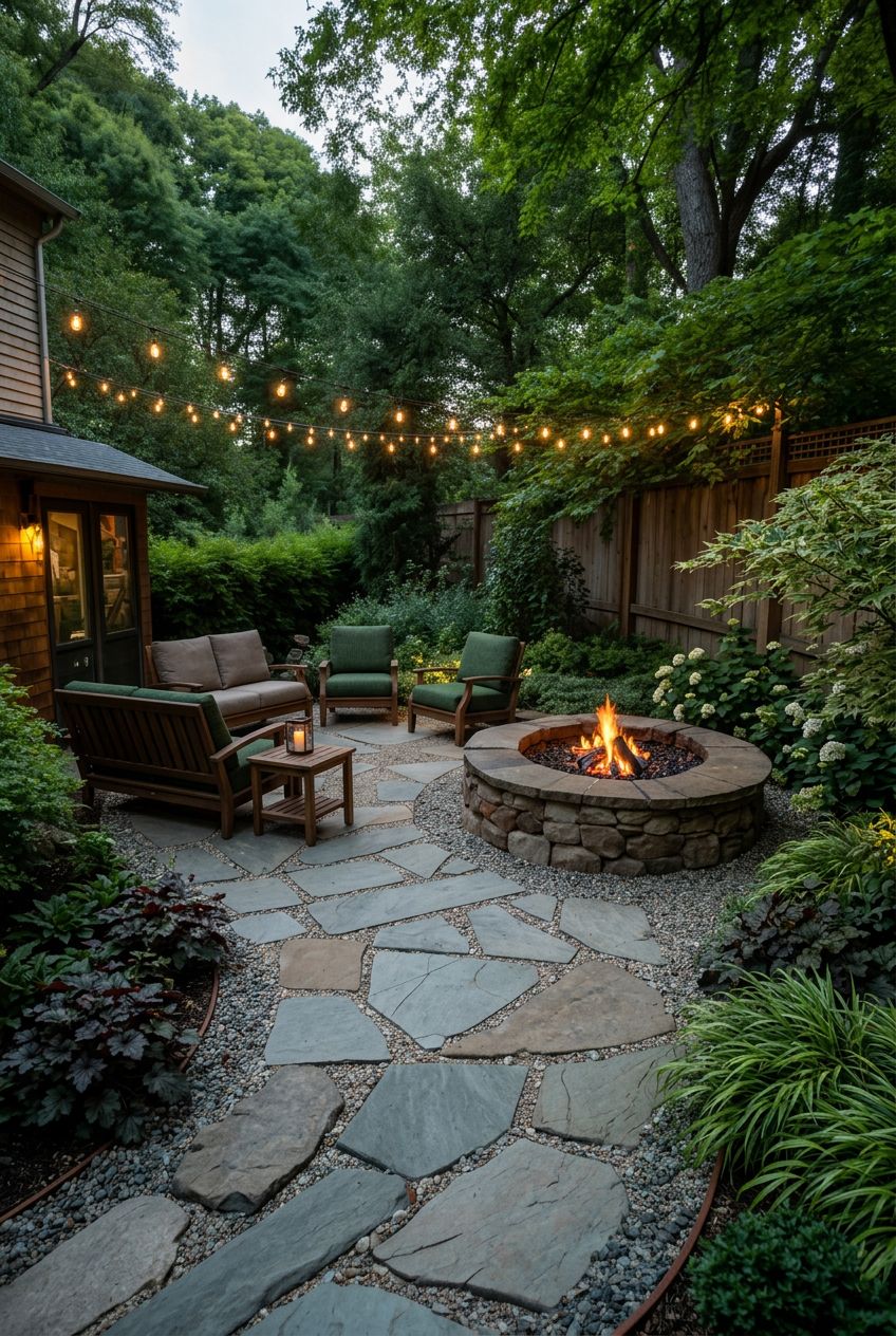 A compact, intimate side-yard nook designed with a round stone fire pit placed atop a sweeping stone and gravel pathway.