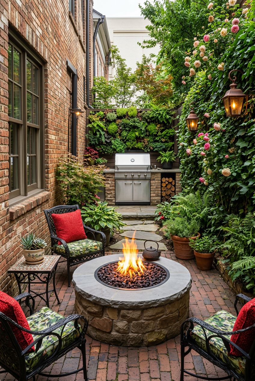 A sophisticated yet intimate narrow courtyard blending exposed brick walls and dense greenery.