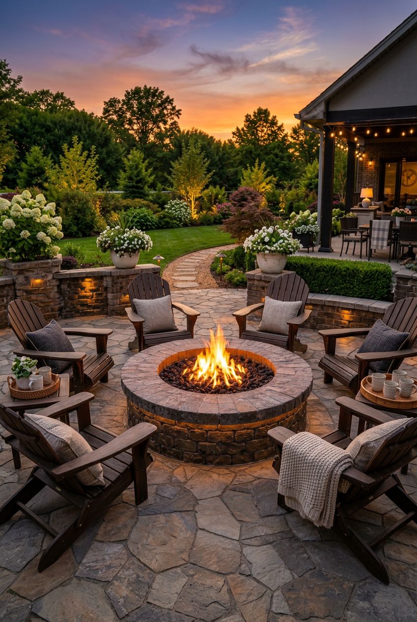 Feature a classic round stone-and-brick fire pit at the heart of a traditional backyard patio, surrounded by wooden Adirondack chairs arrang.