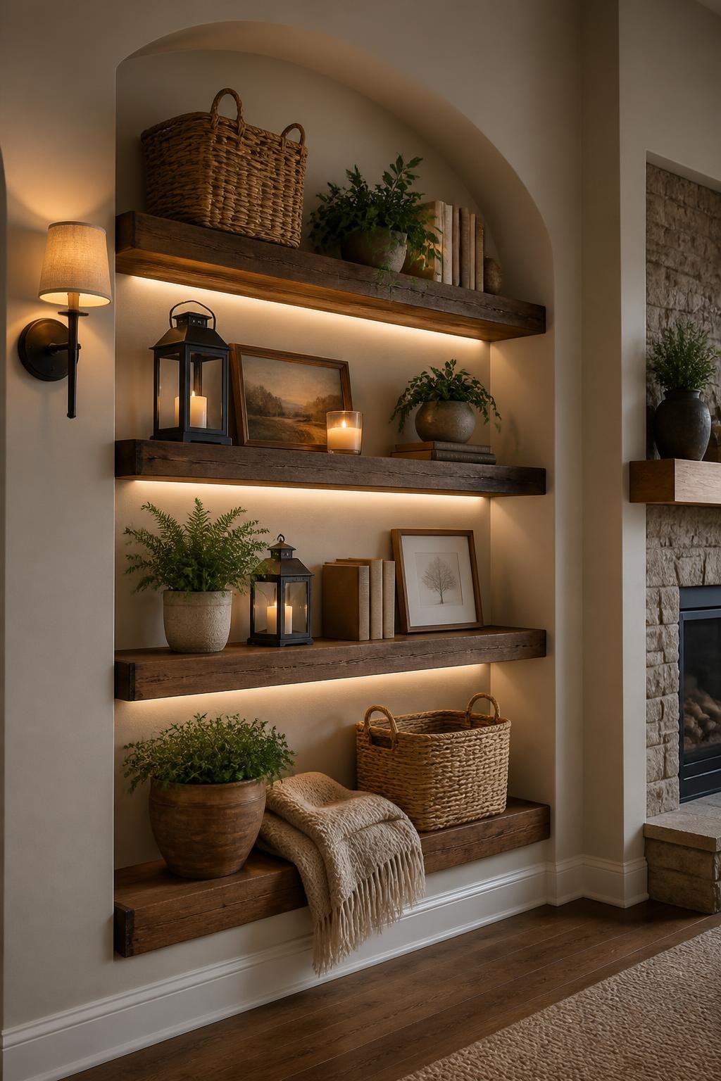 An inviting hallway vignette highlights deep brown rustic floating shelves built into an arched wall niche.