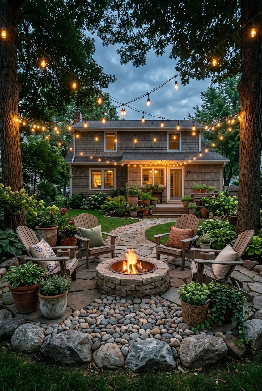 A charming backyard oasis with a classic stone fire pit set inside a rounded bed of river rocks, encircled by four wooden Adirondack chairs.