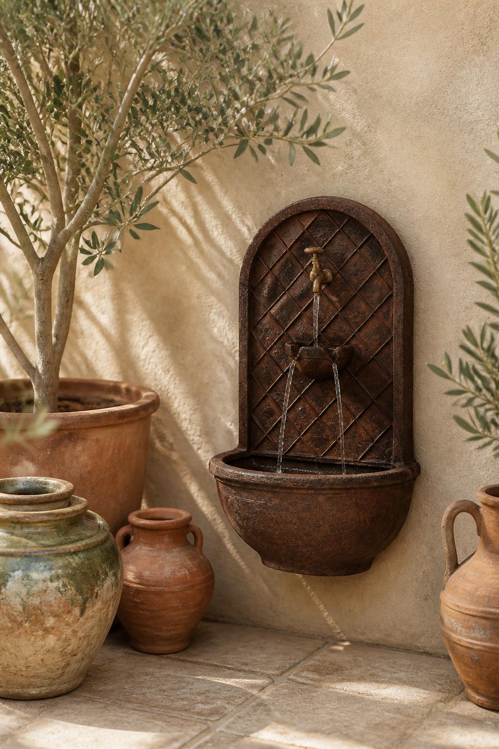 Use the uploaded Sunnydaze Messina 26" Outdoor Wall Water Fountain exactly as the reference product, preserving its aged stone finish, fleur.