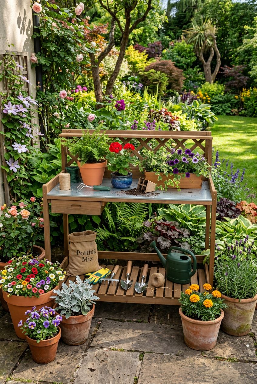 Use the uploaded Ketive Garden Potting Bench with Metal Tabletop exactly as the reference product, preserving its wooden lattice back, galva.