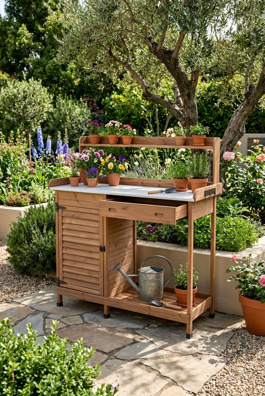 Use the uploaded Ketive Outdoor Potting Bench Table exactly as the reference product, preserving the two-tone wooden and white design, slatt.