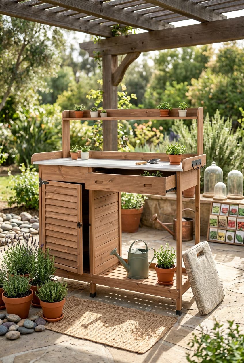 Use the uploaded Ketive Outdoor Potting Bench Table with Storage Cabinet exactly as the reference product, with its natural wood slats, side.