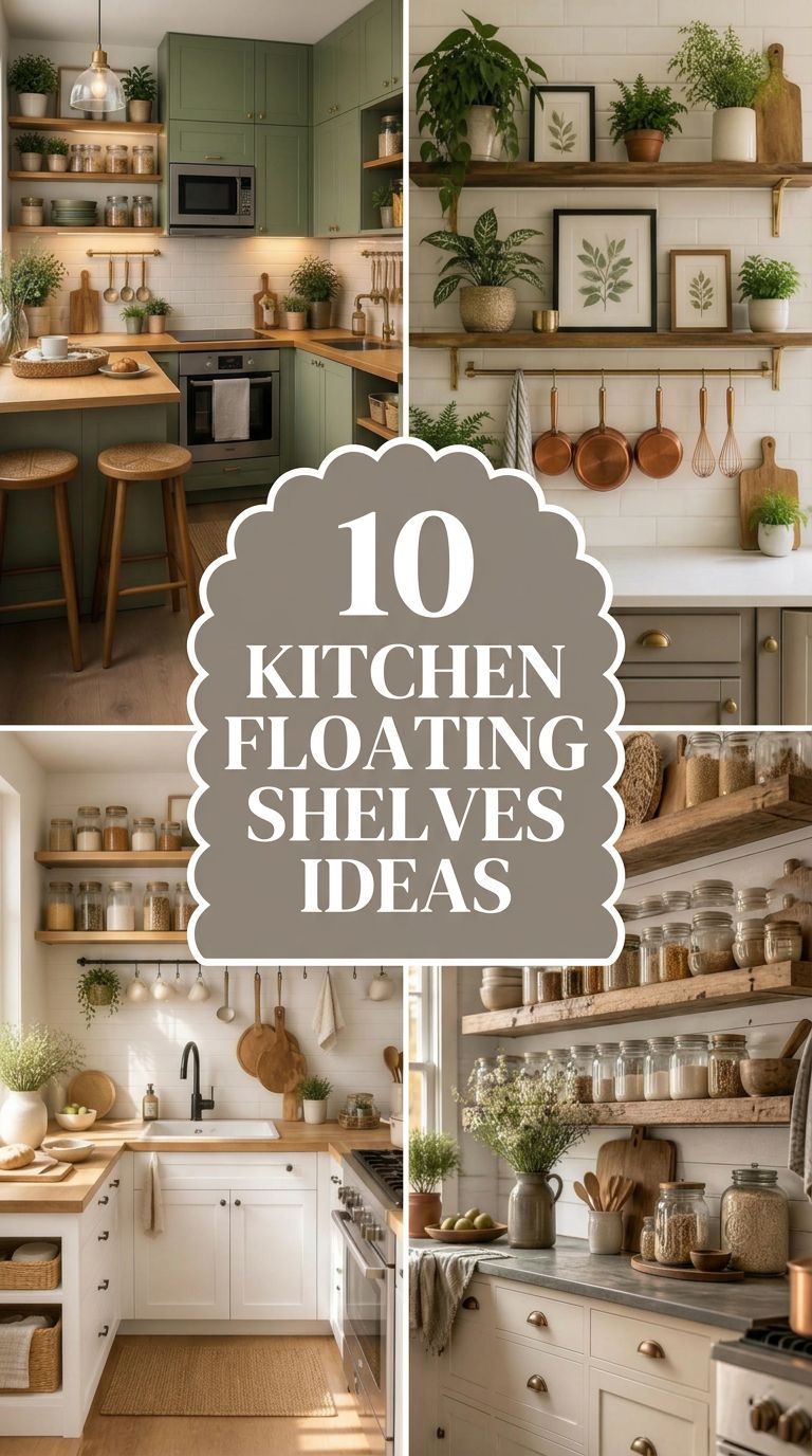 Pinterest banner for 10 Kitchen Floating Shelves Ideas for a Stylish Open-Shelf Look