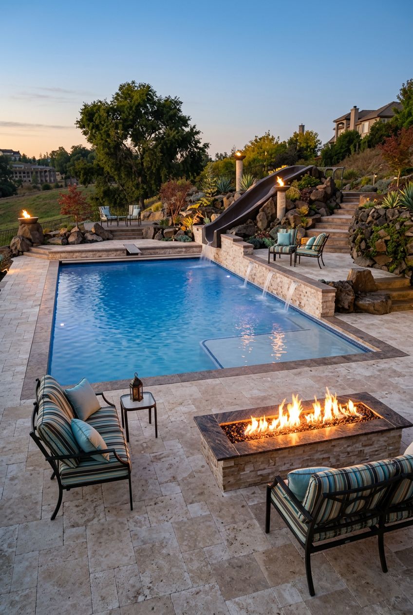 Illustrate a refined landscape patio where a rectangular pool is paired with a sleek linear fire feature.