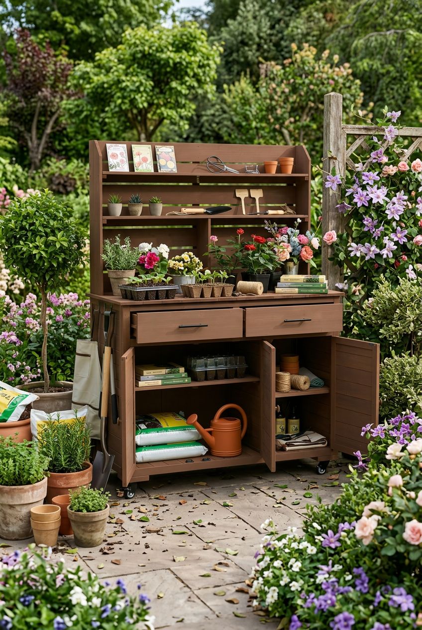 Use the uploaded 65''H Large Wood Potting Bench with Storage Cabinet exactly as the reference product, preserving every detail: tall, deep b.