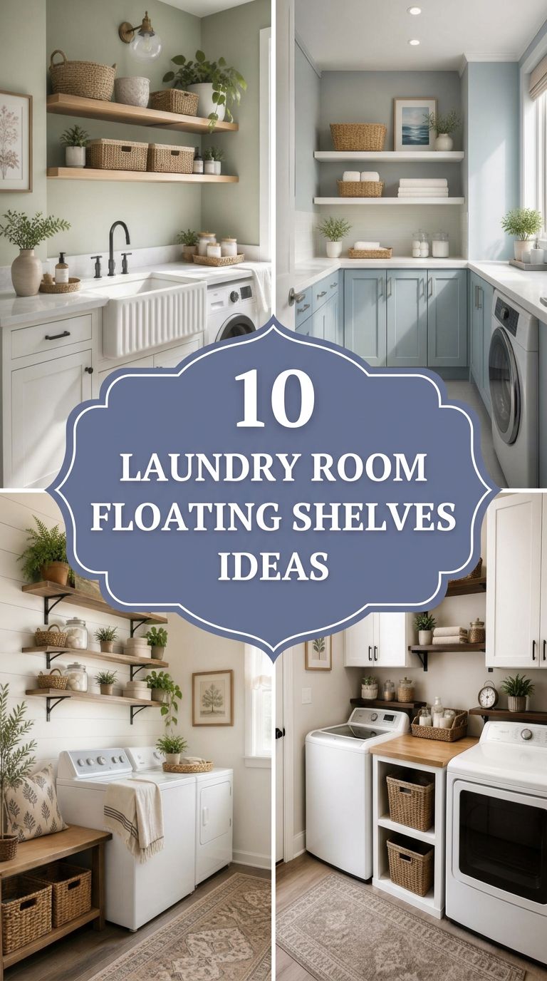 Pinterest banner for 10 Laundry Room Floating Shelves Ideas for a Stylish & Organized Home