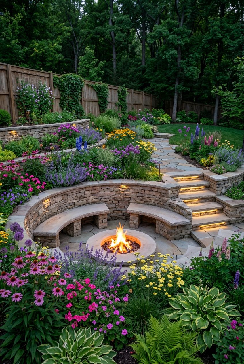Display a layered garden retreat with gracefully curved stone benches surrounding a sunken fire pit, all set against flourishing flower beds.
