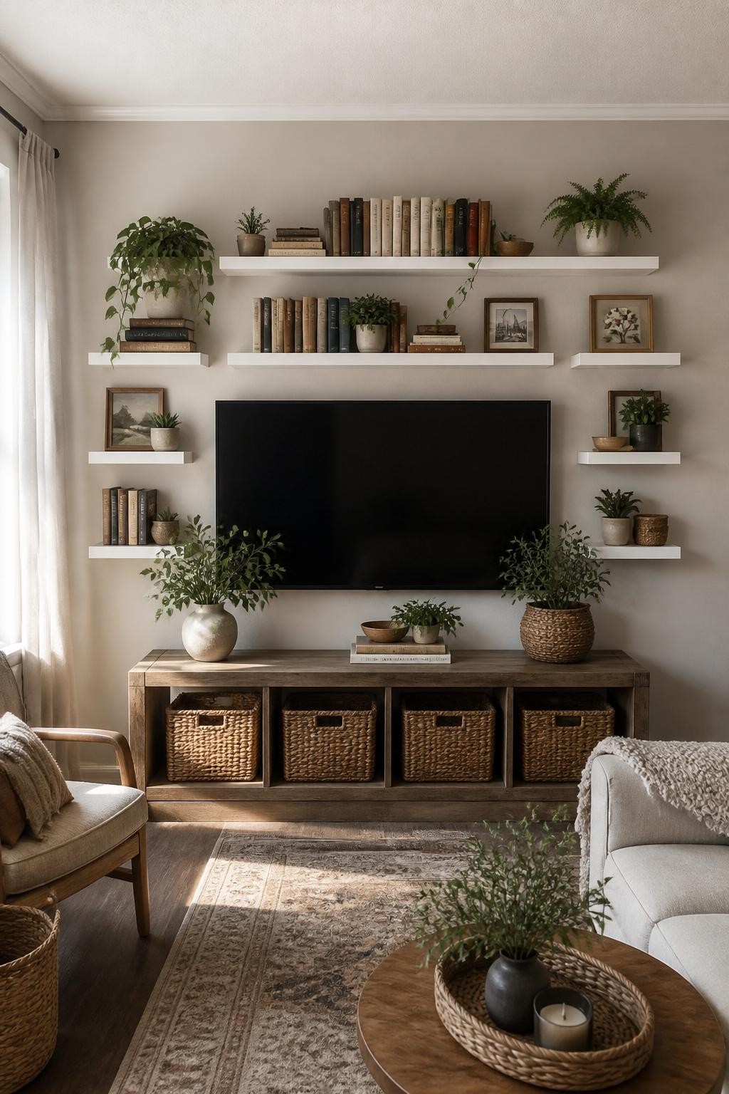 Layered, neutral-toned living room with floating shelves and deep basket storage under a rustic wood media console.