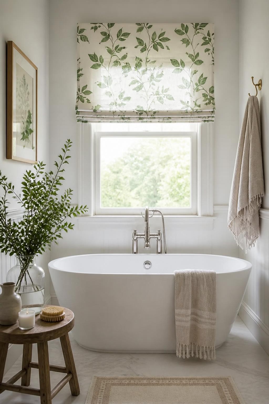 A bright, spa-like bathroom featuring a classic freestanding white soaking tub beneath a small window dressed in green leaf print Roman blin.