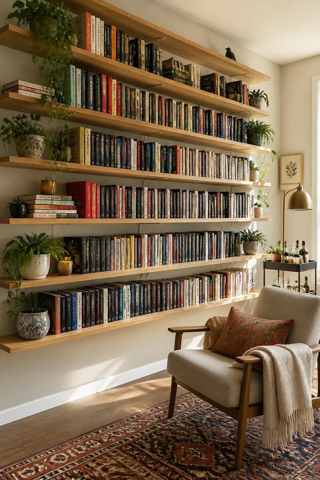 A dynamic home library wall featuring multiple layers of long, light natural wood floating shelves filled edge-to-edge with vibrantly colore.