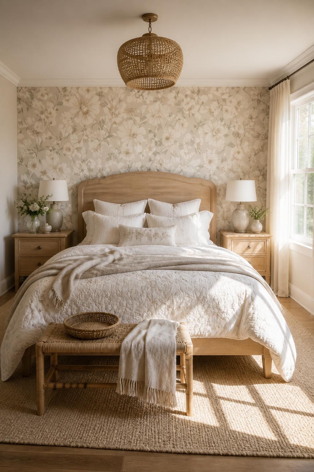 Present an airy farmhouse bedroom bathed in sunlight, centered around a pale wood bed with gently curved headboard and surrounded by matchin.