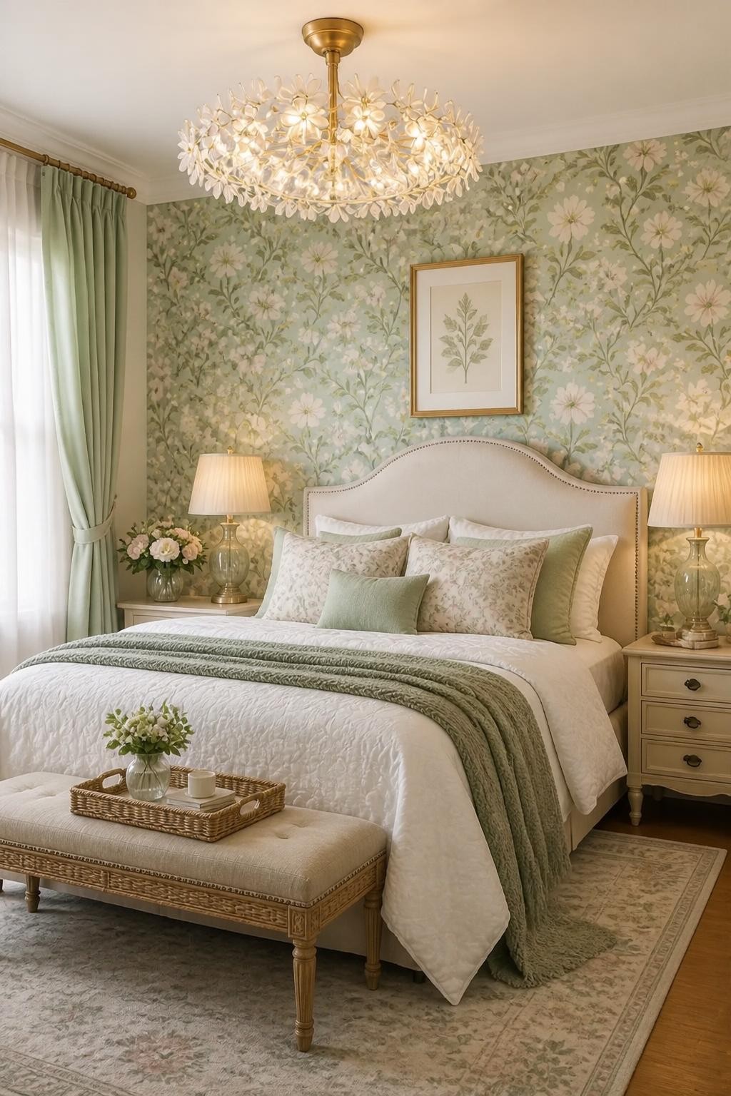 This fresh, light-infused bedroom radiates the charm of a country cottage with its minty green and blush floral wallpaper.