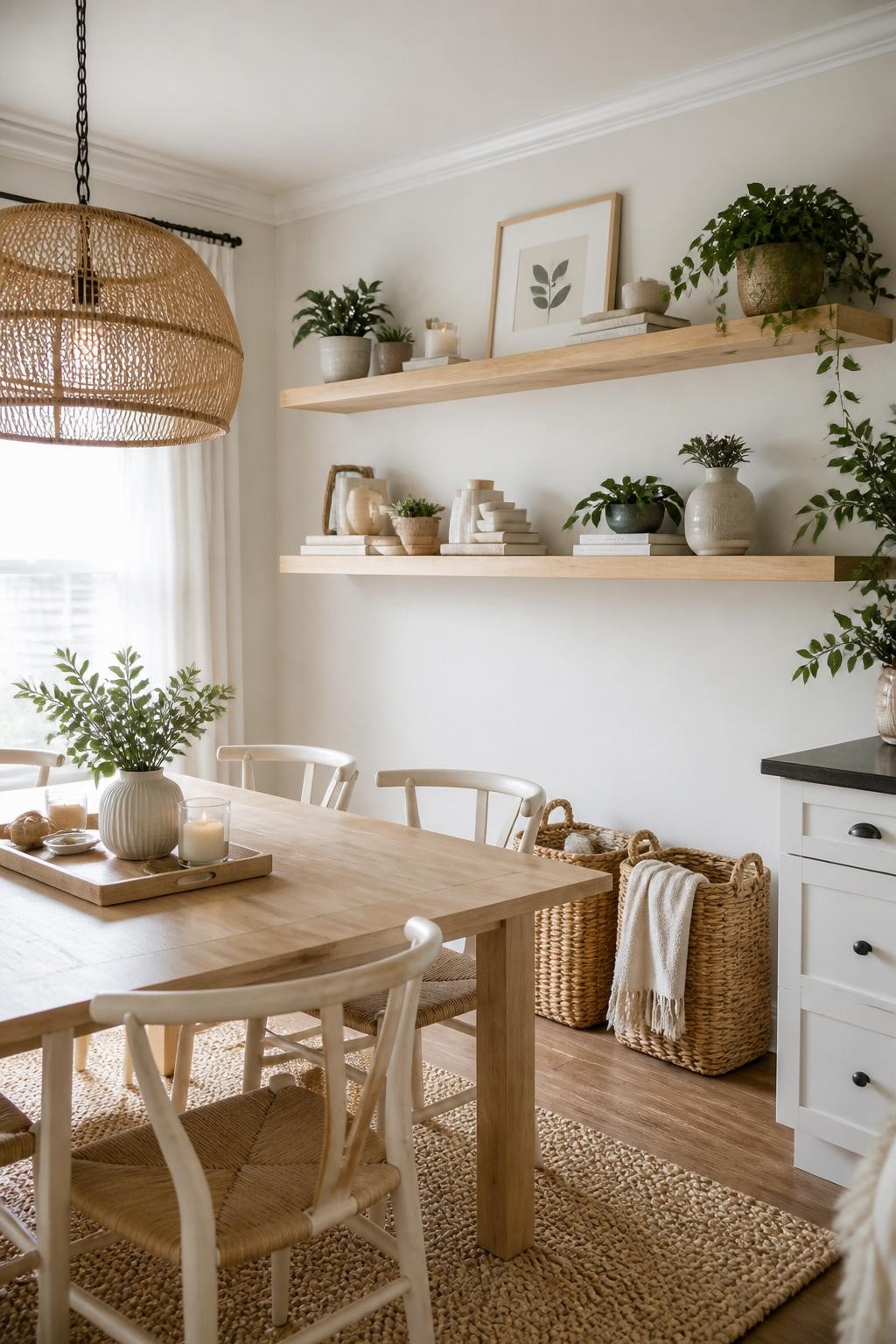 Embracing a light and airy Scandinavian style, this dining room boasts crisp white walls and blond wood floating shelves set above a simple.