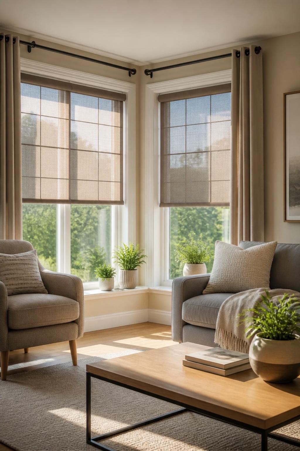 A light-filled, contemporary living room with two large picture windows, each fitted with beige textured solar roller shades tailored for a.