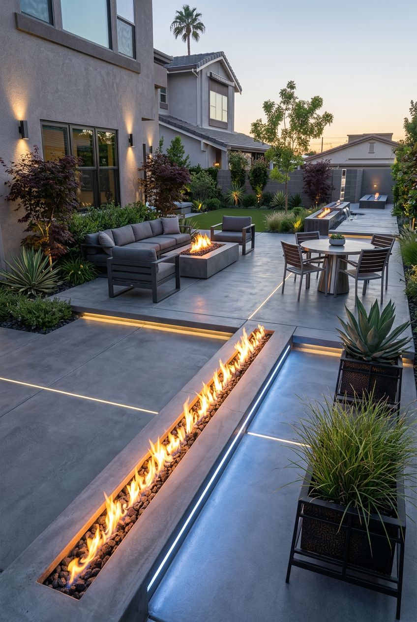 This expansive modern patio design is defined by clean lines, smooth concrete, and a dramatic linear fire feature that traces the edge of th.