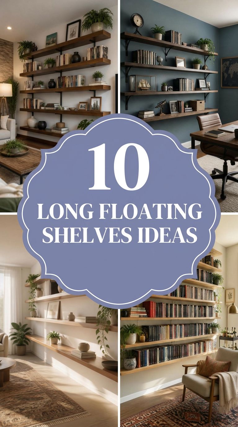Pinterest banner for 10 Long Floating Shelves Ideas for Large Walls That Wow