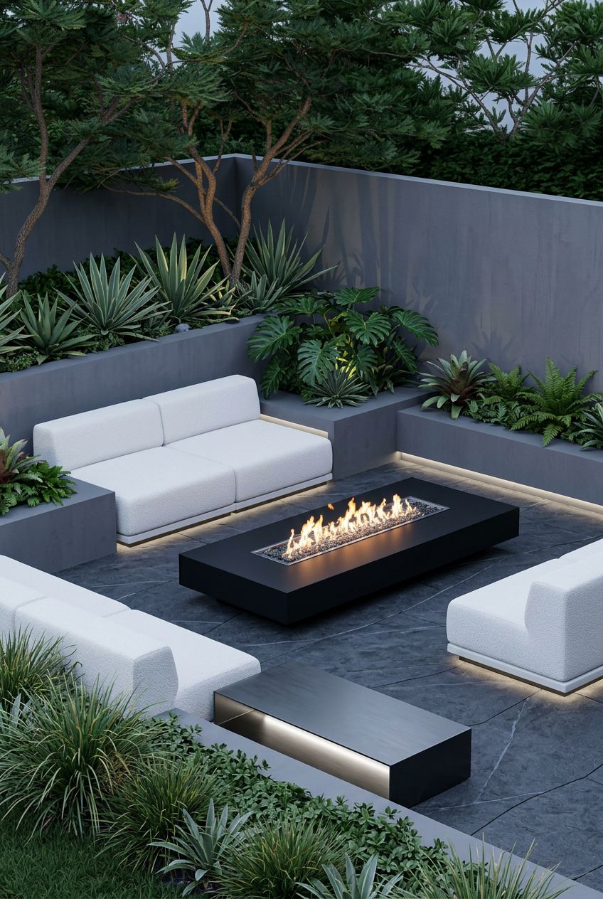 Enclosed by high, smooth-finished garden walls and layers of lush architectural greenery, this outdoor retreat centers on a bold black recta.