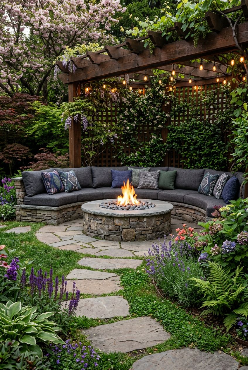 A lush, garden-inspired fire pit nook with a circular raised stone pit at its heart, surrounded by a curved sectional sofa with plush gray c.