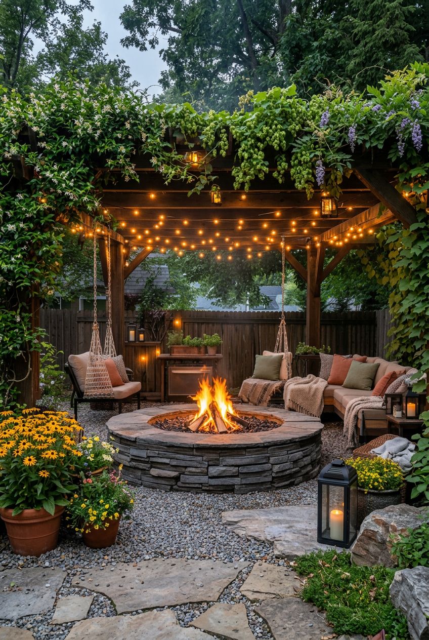 A lush, garden pergola entwined with trailing vines forms a shelter above sectional seating and hanging swings, clustered around a large sta.